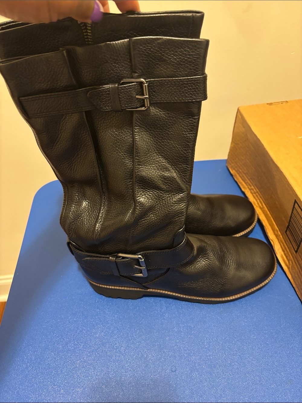 gentle souls Black Leather zip up Mid-Calf Buckle Boots